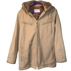 London Fog coat zip front detachable drawstring hood faux fur lining Size 11/12